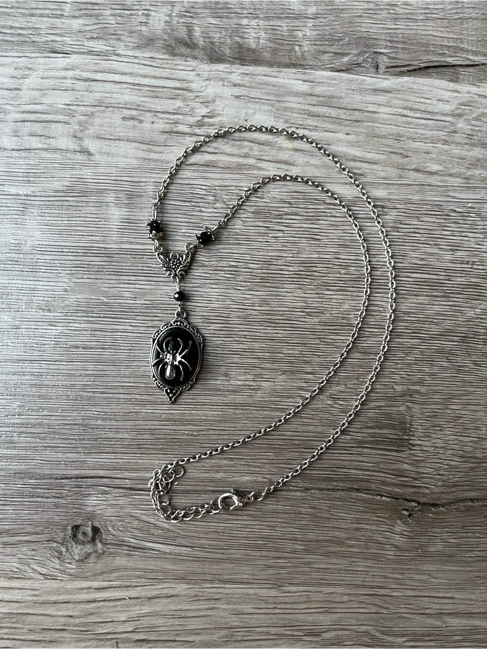 Antique Style Silver Spider Pendant Necklace in Black